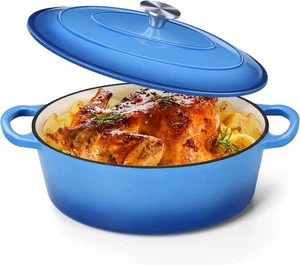 P&P CHEF Forno Olandese Ovale con Coperchio, Pentola in Colata Smaltata 5 QT, Blu  - Foto 1 di 7