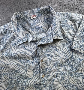 Camicia hawaiana vintage a piedi nudi in paradiso geometrica AOP XL blu colletto Johnny - Foto 1 di 7