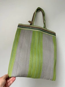 MARKETPLACE ROW Green White Black Stripe Nylon Woven Barn Tote Shopper Bag - Picture 1 of 8