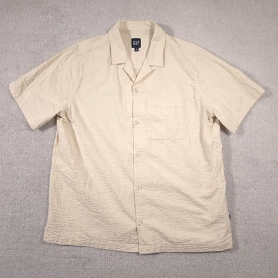 GAP Shirt Mens XL Beige Seersucker Short Sleeve Button Front Camp Collar Cotton - Image 1 of 4