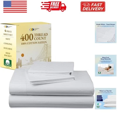 Juego de sábanas a rayas tamaño completo - satén suave de 400 hilos, natural 100 %... Foto 1 de 4