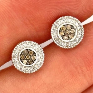 10k Massiv Weißgold Weiß und Braun Diamant Ohrstecker Ohrring - Bild 1 von 12
