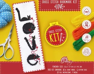 Black Cats Cross Stitch Kit 'Love' Bookmark Embroidery kit Do It Yourself Gift - Picture 1 of 10