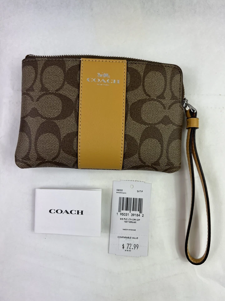 Coach Womens Marble Blue Brown 58035 Corner Zip Signature Wristlet Wallet