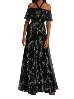 Maxi Vestido GIAMBATTISTA VALLI Floral Cuello Halter - Negro Verde Foto 1 de 4