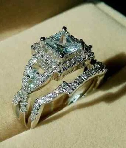 3Ct Princess Moissanite Halo Bridal Engagement Ring Set 14k White Gold Plated - Picture 1 of 4