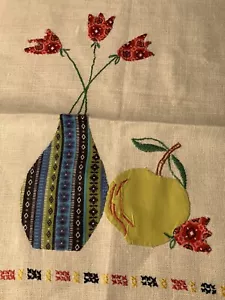 Toalla de plato de té de algodón de colección aplique bordado a mano bodegón florero retro - Imagen 1 de 9
