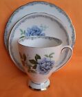 ROYAL STAFFORD CHINA RARE BLUE ROSES TO REMEMBER CUP,SAUCER, & SIDE PLATE TRIO 