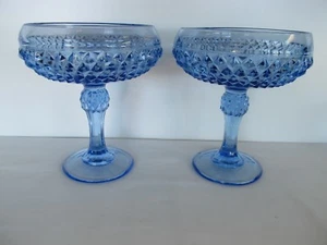 PAIR OF INDIANA GLASS ICE BLUE DIAMOND POINT 7" HIGH COMPOTES - Picture 1 of 12