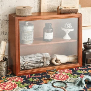 Retro 2 Tiers Clear Display Case Wooden Cosmetic Showcase Cup Storage Cabinet - Picture 1 of 12