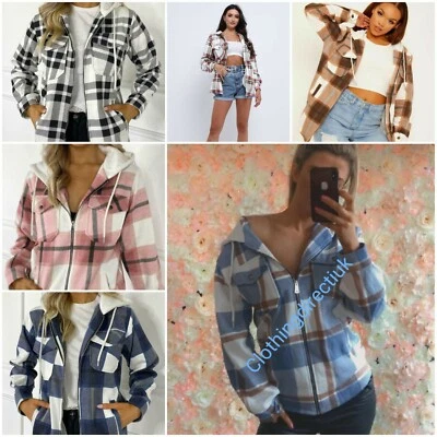 Womens Ladies Baggy Long Sleeve Checked Zip UP Shacket  Shirt Jacket (XS- 2XL) - Image 1 of 2