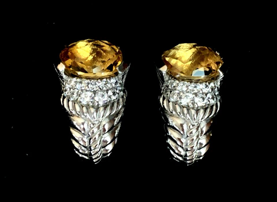 Brincos de prata esterlina 925 Judith Ripka citrino CZ perfurados ômega nas costas - Imagem 1 de 4