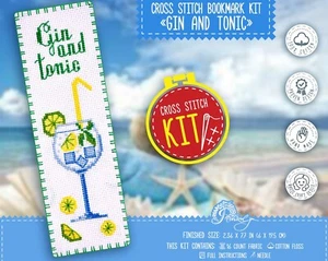 Gin and Tonic Cocktail Cross Stitch Bookmark Embroidery Kit Counted Pattern - Picture 1 of 8