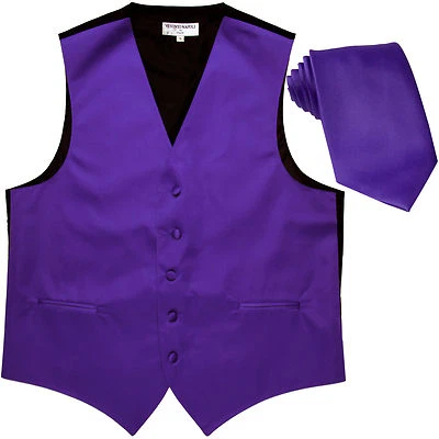 New Polyester Formal Men's Tuxedo Vest Waistcoat & tie solid Purple prom - Image 1 of 4