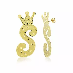10K Solid Yellow Gold Custom Crown Initial Letter Stud Earrings A-Z Any Alphabet - Picture 1 of 7