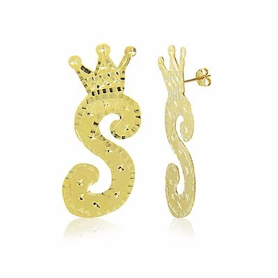 10K Solid Yellow Gold Custom Crown Initial Letter Stud Earrings A-Z Any Alphabet - Image 1 of 2