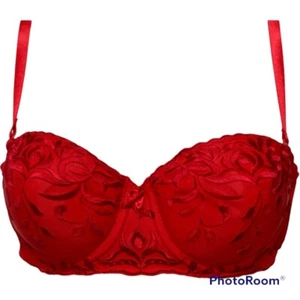 Roter BH mit geformten Cups abnehmbare Träger 36C Satinstich Applikationen Heben EUC - Bild 1 von 8