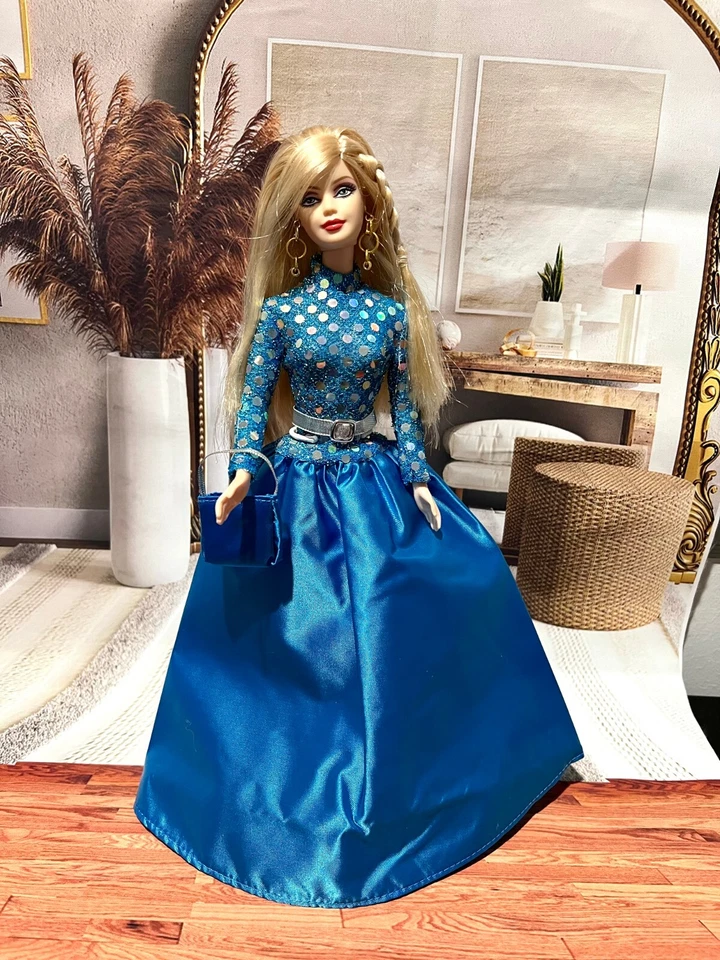  Vestido Barbie 1998 Fashion Avenue azul e dourado com cinto #18120 - Imagem 1 de 1