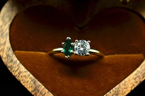 14K White Gold Toi Et Moi Emerald & CZ Engagement Ring Size 6.75 - Picture 1 of 16