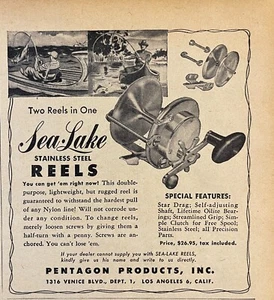 1946 Sea Lake Stainless Steel Fishing Reel Print Ad Pentagon Los Angeles CA - Picture 1 of 1