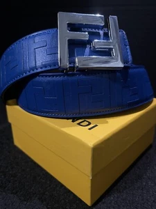 Fendi Blue Mens Leather Belt FF Buckle Size 38-42 - Picture 1 of 7