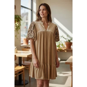 NWT Umgee Women's Velvet Embroidered Tunic Dress Ruffle Short Sleeve Beige - Picture 1 of 5