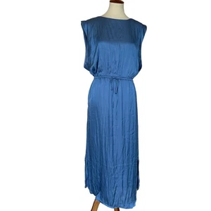 Chico's Dusty Blue Satin Maxi Dress MEDIUM Slip Tie Waist Party Resort $109 NEW - Picture 1 of 6