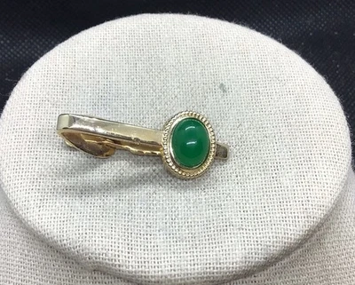 Винтажный мужской золотистый костюм зеленое стекло кабина камень галстук зажим H152 - Изображение 1 из 4