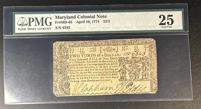 Fr. MD-65 $2/3 Maryland Colonial Note Currency April 10, 1774 PMG VF25 S/N 6343 - Image 1 of 4