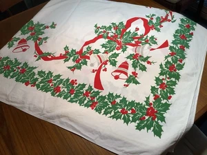 Vintage White Christmas Cotton Tablecloth Holly Red Ribbon Bells 52 X 60 - Picture 1 of 6