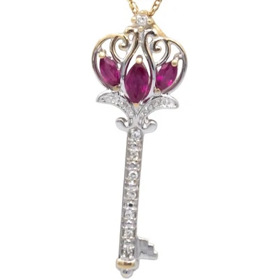 14k White & Yellow Gold 0.35CT Diamond and Ruby Key Pendant Necklace - Image 1 of 4