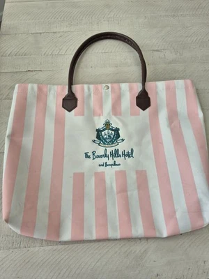 Vtg Beverly Hills Hotel And Bungalows Canvas Green and Ivory Stripe Tote Bag HTF - Image 1 of 4