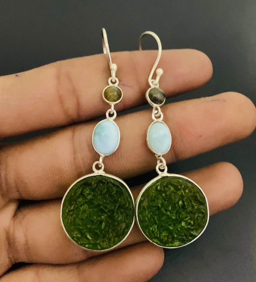 Pendiente de plata de ley 925 con piedras preciosas de moldavita hecho a mano joyería regalo por amor Foto 1 de 1