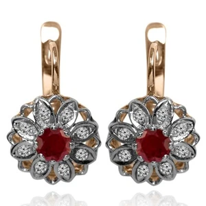 14k Solid Rose and White Gold Diamond and Ruby European Jewelry Earrings - Picture 1 of 5