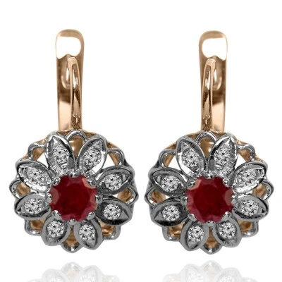 14k Solid Rose and White Gold Diamond and Ruby European Jewelry Earrings - Image 1 of 4