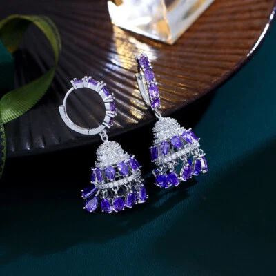 Women Boho Purple Tassel Drop Huggie Hoop Earrings Silver Plated Zircon Jewelry - Image 1 of 4