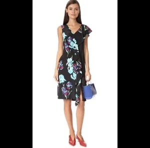 Neu mit Etikett Diane von Furstenberg ärmelloses Kleid seitlich Rüschen Seide 2 Blumen schwarz blau - Bild 1 von 5