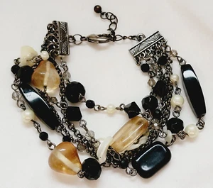 Lia Sophia Mother of Pear Black Glass Faux Pearls Multi Strand Bracelet 7 - 9" L - Picture 1 of 7