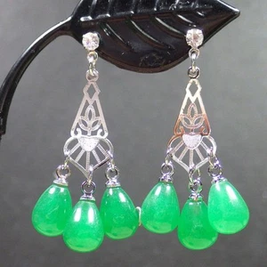 Weißgold Platte grün JADE Ohrringe hängen Träne Diamant Imitation 291089 - Bild 1 von 7
