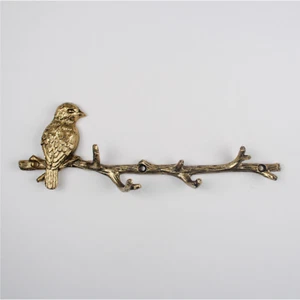 Gold Metal Wall Bird on Branch 6 Hooks Coat Key Hanger Rack Wall Mounted - Picture 1 of 4