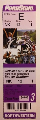 2005 Penn State Northwestern Ticket Stub Football Cover