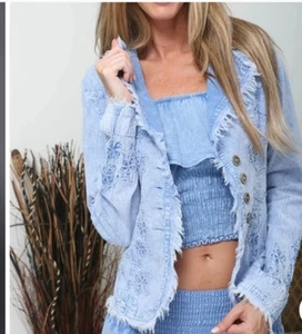 Peruvian Lightweight Denim Fringed Jacket By Hawaiianize Sz XS EUC - Picture 1 of 10