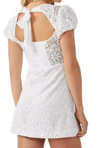 Free People Hailee Lace Mini Dress Size M White Puff Sleeve Tie Detail A-Line - Picture 1 of 9
