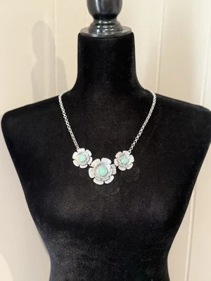 Lia Sophia Silver Tone Statement Necklace Textured Flowers Light Green Centers  - Image 1 of 4