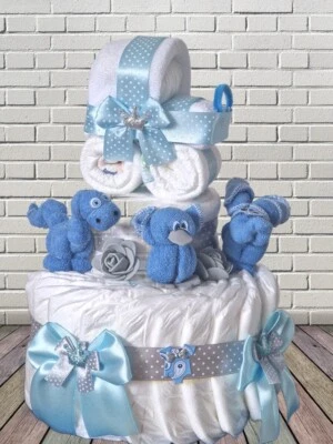 Windeltorte Jungen blau Mini Kinderwagen Dino Elefant Ente - Bild 1 von 4