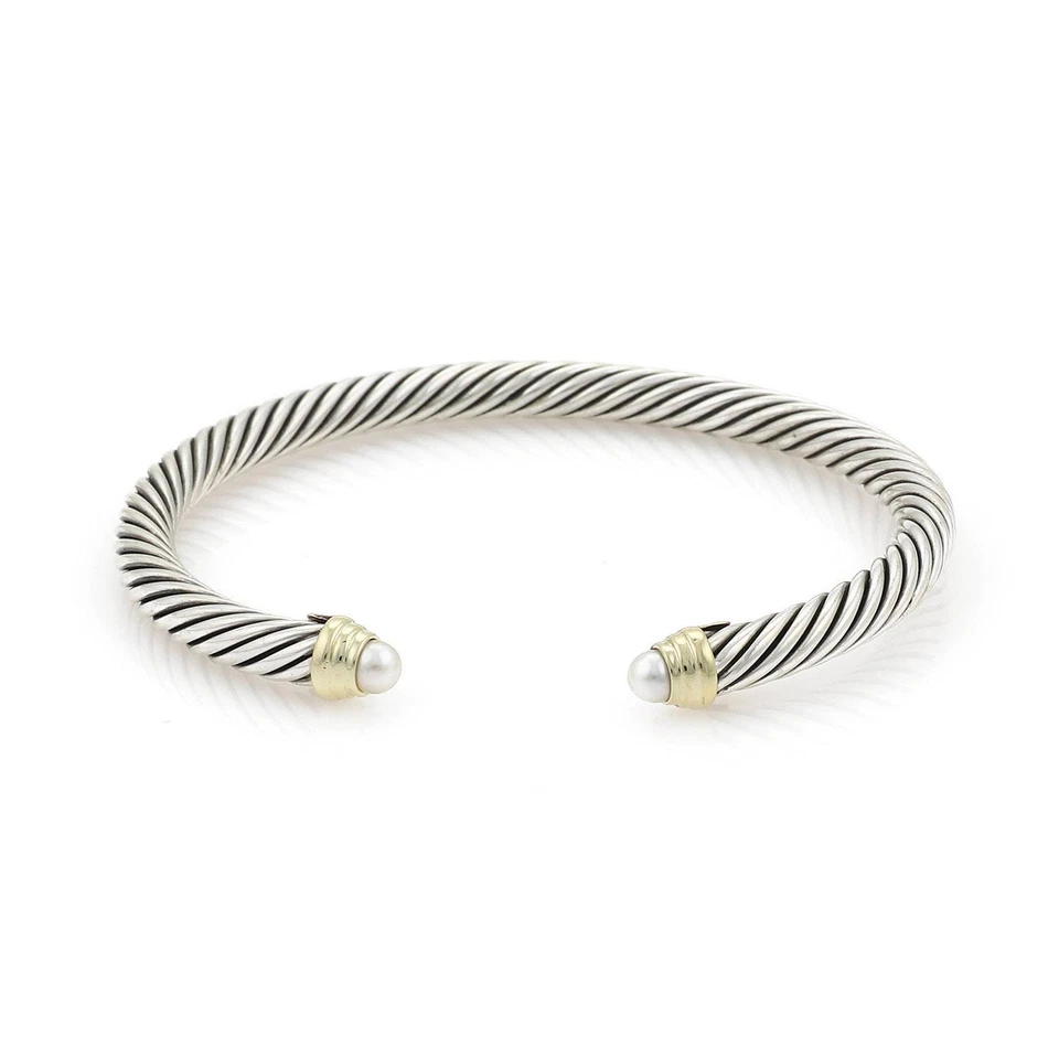 David Yurman Pearls Sterling 14k Yellow Gold Cable Cuff Bracelet - Image 1 of 4