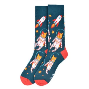 Men's Cat Astronaut Crew Socks Space Cat with Spaceship and Stars Mens Cat Gift - Picture 1 of 4