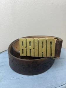 Vtg 70's BRIAN Name Brass Buckle w/Brown Leather Tooled 39" BELT USA See Notes - Picture 1 of 7