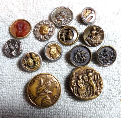 13 Vintage Antique Metal Picture Buttons PEOPLE - Image 1 of 4