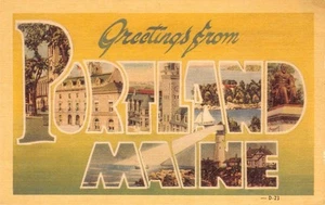 PORTLAND, MAINE Carta Grande Saludos Faro c1940 Lino Vintage Postal - Imagen 1 de 2